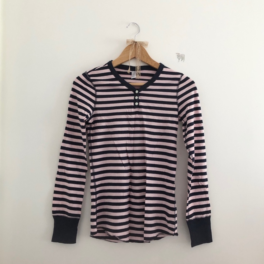 Pink and Navy Striped Long Sleeve Henley Tee